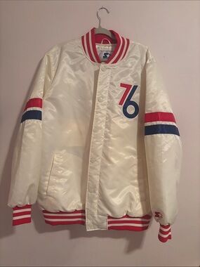 76ers STARTER Cream Satin Varsity Jacket with Red & Blue Accents